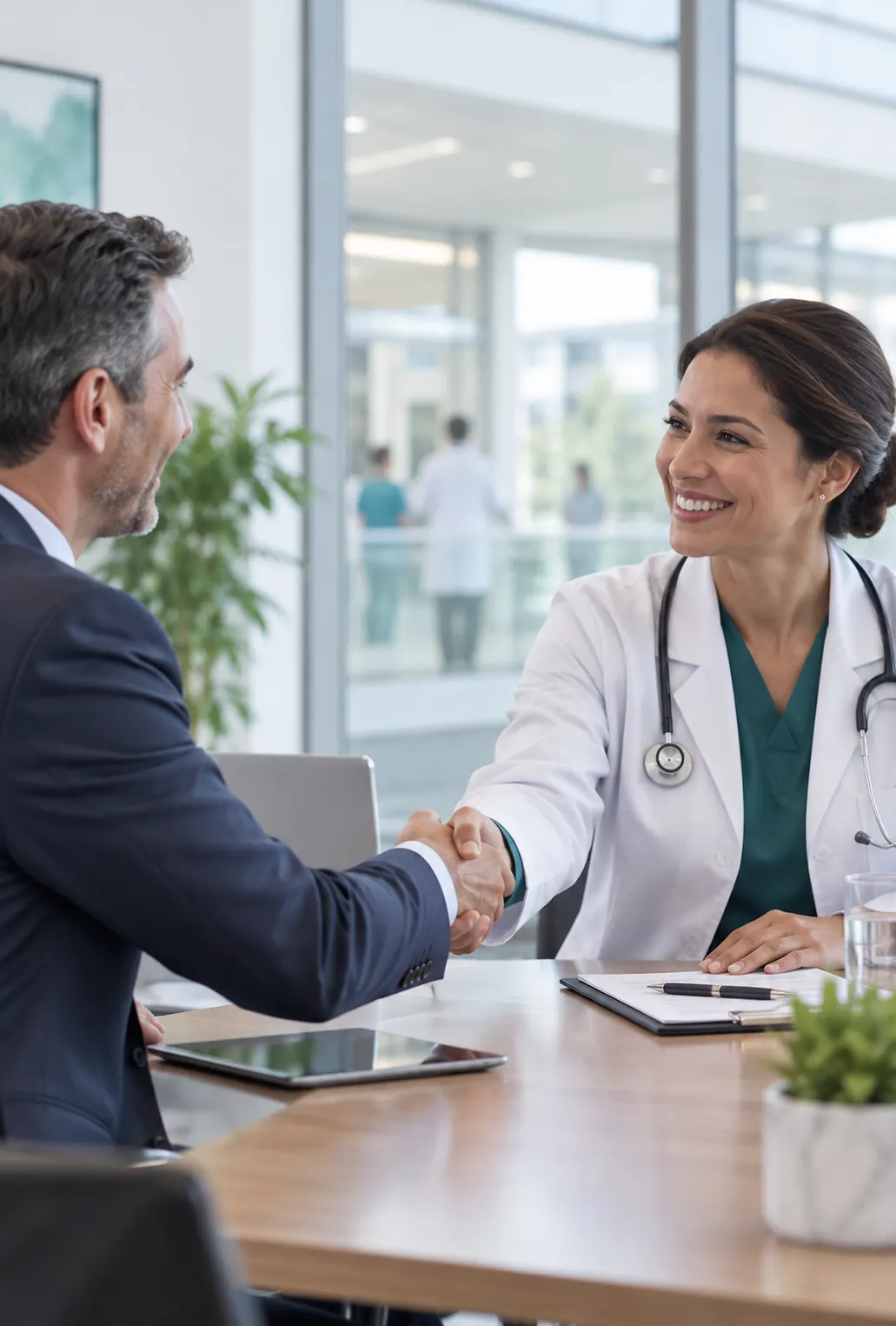 Doctor shaking hands with a healthcare partner