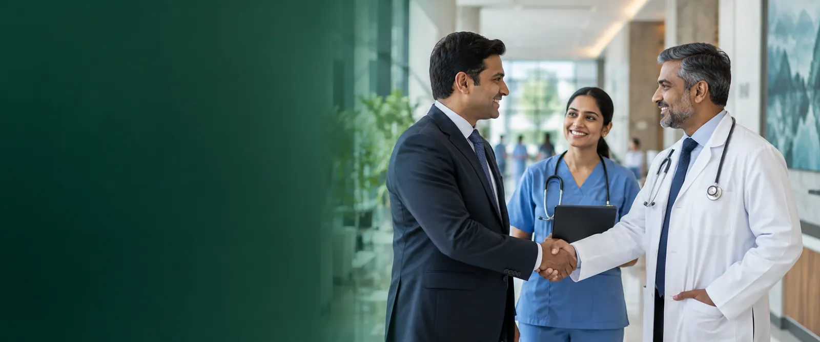 Doctor shaking hands with a healthcare partner beside a nurse