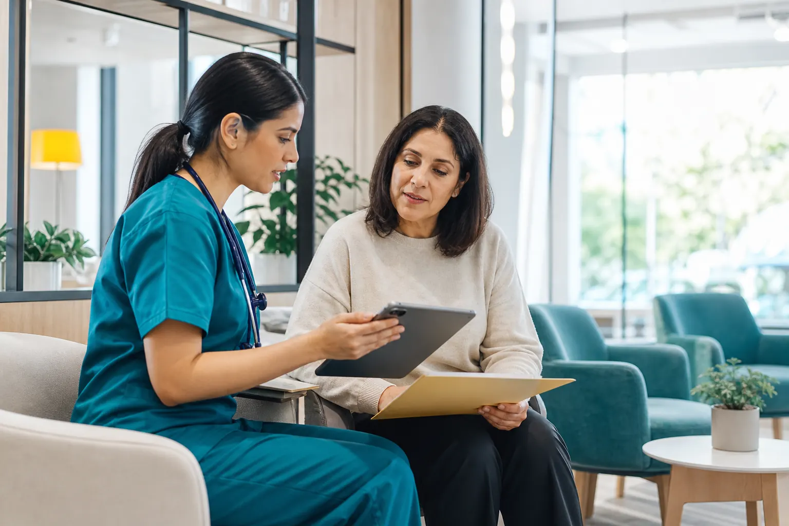Care coordinator reviewing a treatment plan with a patient